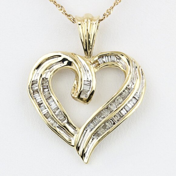 10K Yellow Gold Half Carat Baguette Diamond Heart Pendant